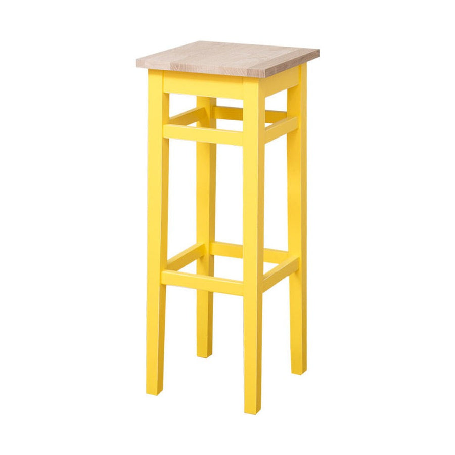 Antikolt sárga színű fenyőfa bárszék, natúr tölgyfa fedlappal.