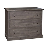 Fenyőfából készült, csiszolt, szürke színű három fiókos komód.