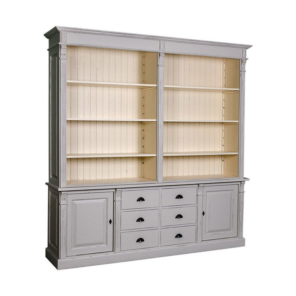 Antikolt szürke, és krémszínű, klasszikus stílusú nagyméretű tömör fenyőfa könyvszekrény