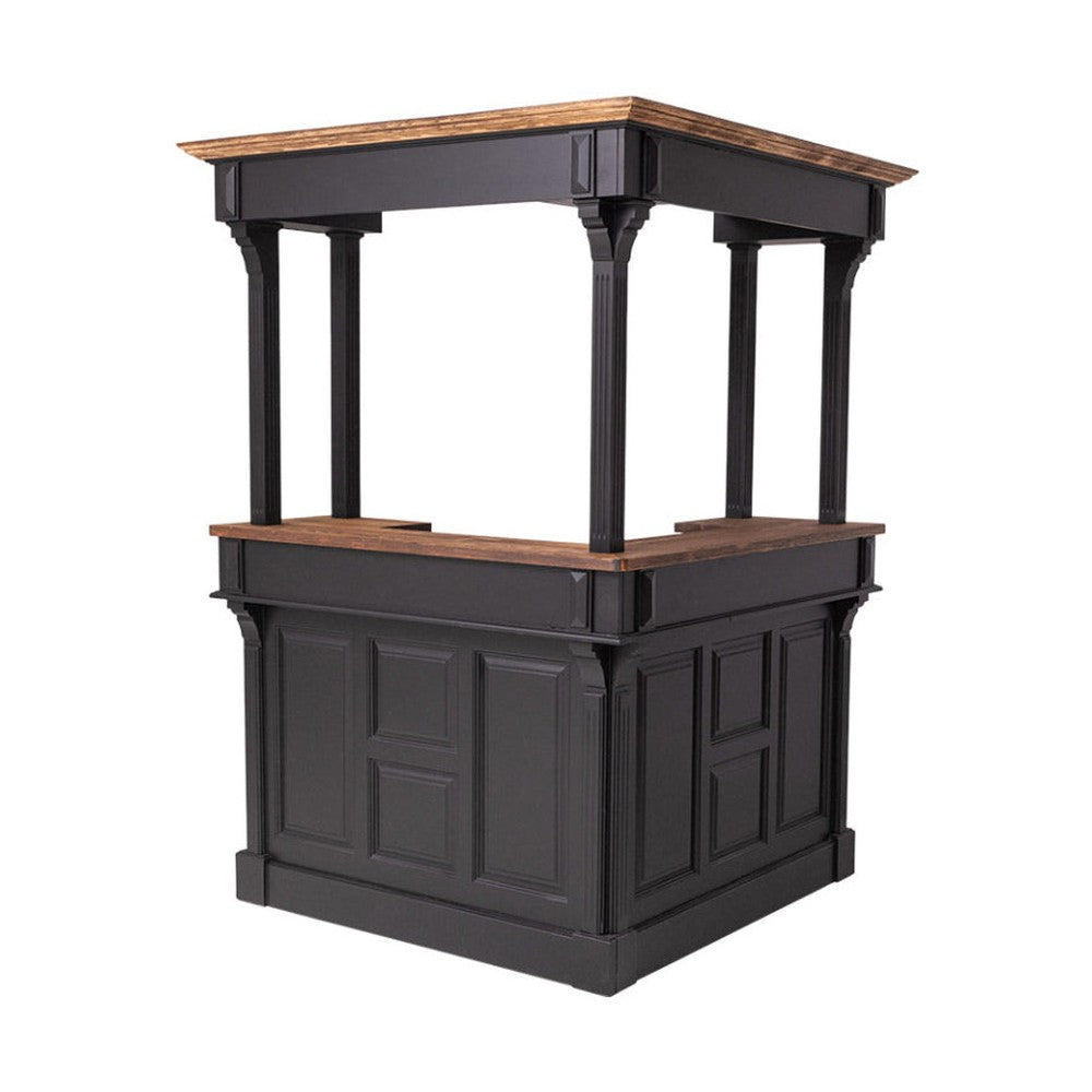 Sarok bárpult fenyőfából, tölgyfa pultfelülettel. Csokoládébarna színű oldalak, natúr pultrész.