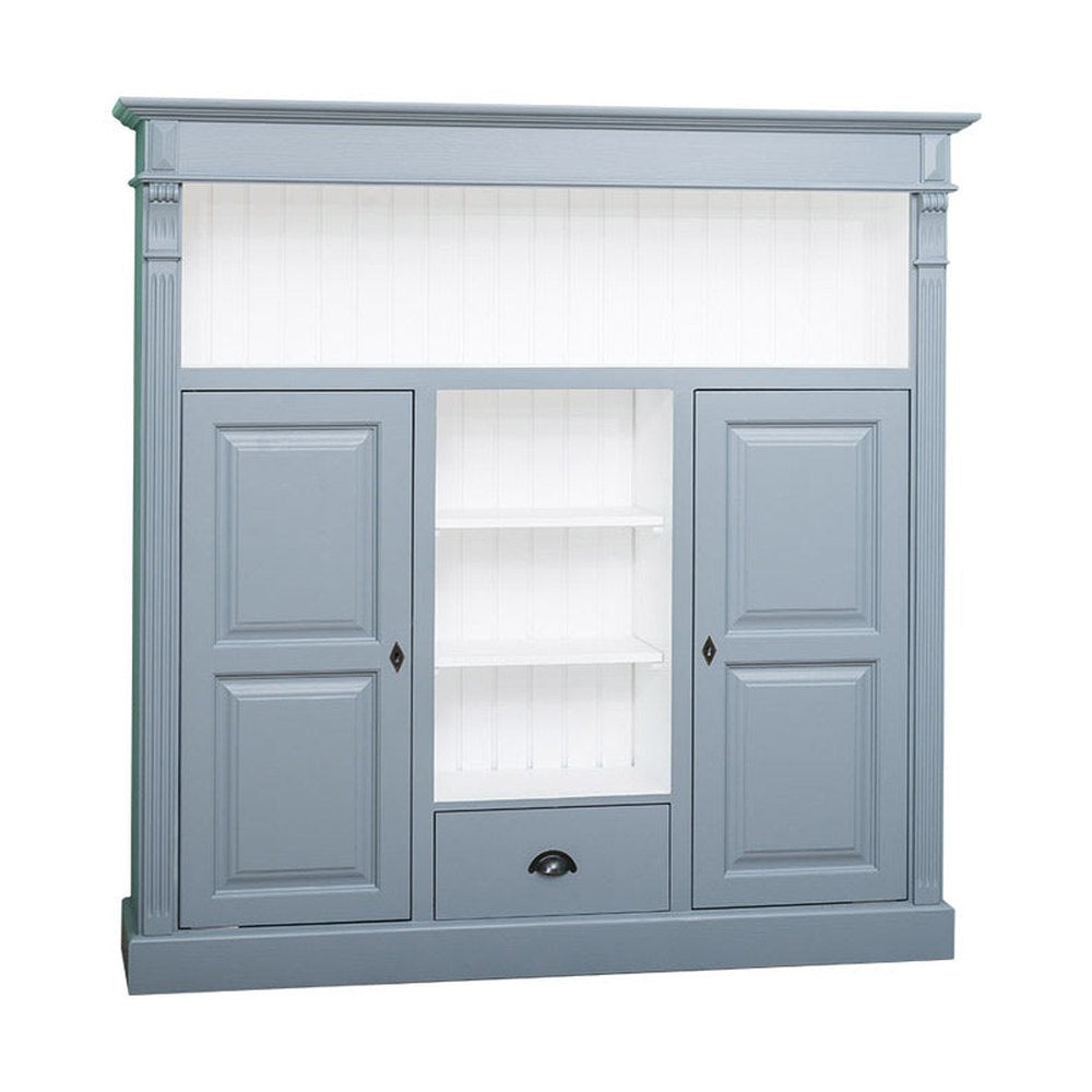 Fenyőfából készült könyvszekrény. Festett, szürkéskék és fehér színű.