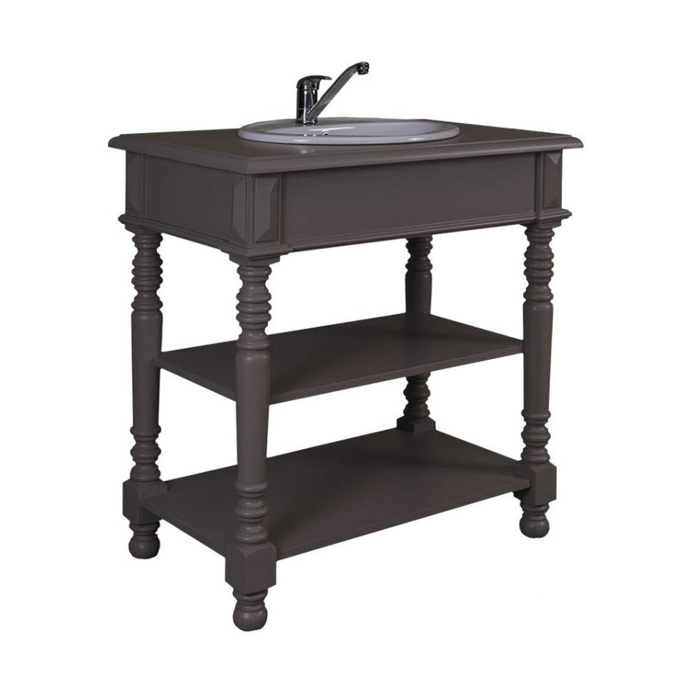 Klasszikus stílusú, sötétbarna színű, fenyőfa mosdószekrény nyitott polcokkal.