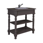 Klasszikus stílusú, sötétbarna színű, fenyőfa mosdószekrény nyitott polcokkal.