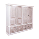 Fenyőfából készült, nagyméretű gradróbszekrény. A szekrény színe fehér, a fiókoké és a ajtóké csiszolt natúr.