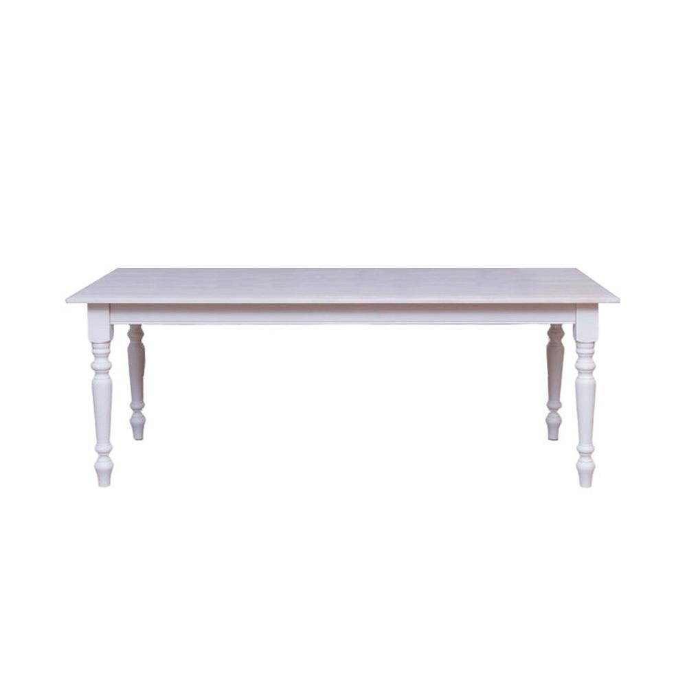Vidéki stílusú, fehér színű, tömör fenyőfából készült étkezőasztal, szürke, olajozott tölgy fedalappal.