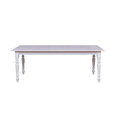 Vidéki stílusú, fehér színű, tömör fenyőfából készült étkezőasztal, szürke, olajozott tölgy fedalappal.