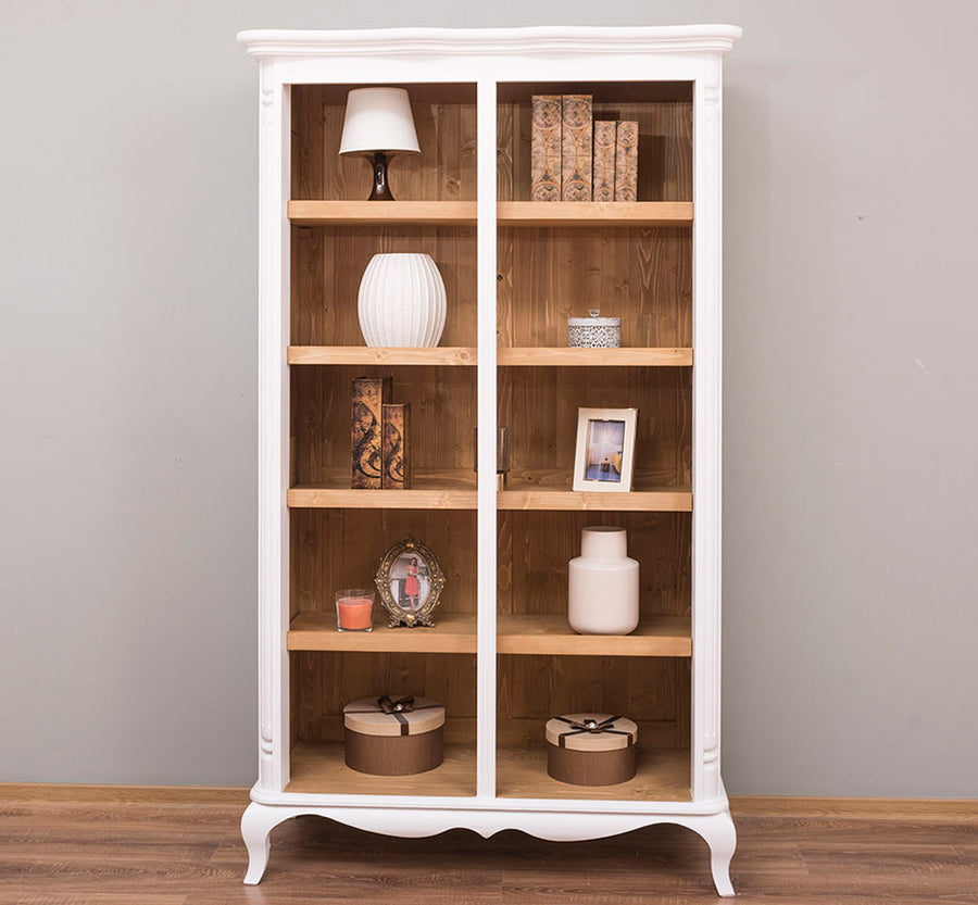 White shabby chic pine display bookcase with glass doors curved legs and four shelves