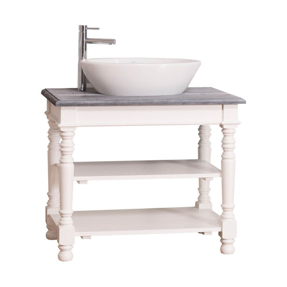 Fehér és mélycsiszolt szürke színű, klasszikus stílusú, nyitott polcos mosdószekrény.