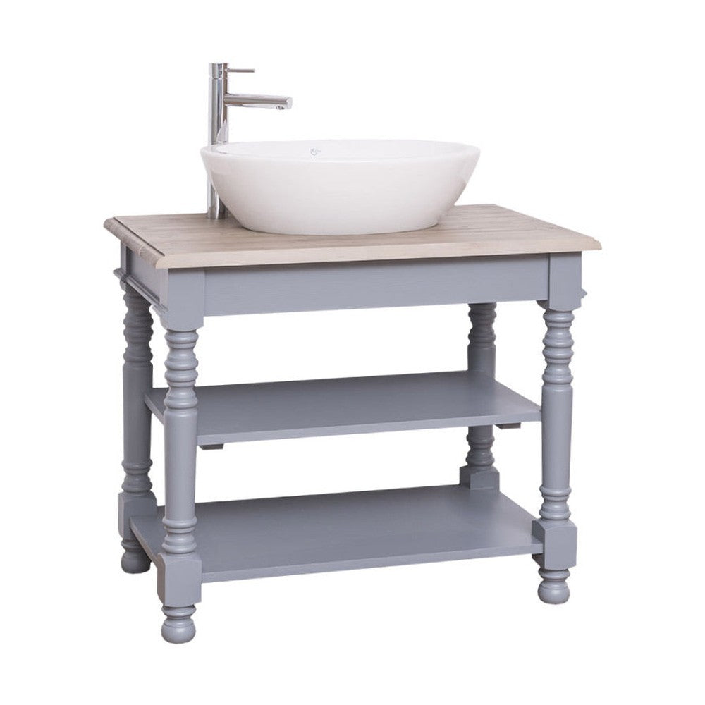 Világosszürke fenyő mosdószekrény, natúr színű tölgyfa lappal, két nyitott polccal.