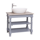 Világosszürke fenyő mosdószekrény, natúr színű tölgyfa lappal, két nyitott polccal.