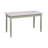 Vidéki stílusú, zöld színű, tömör fenyőfából készült étkezőasztal, szürke olajozott tölgy fedalappal.