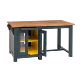 Fenyőfából készült, klasszikus konyhasziget reggelizőpulttal. Fedlap natúr, falak sötét türkizkék, belseje sárga.