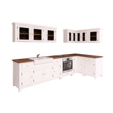 7 elemes fenyőfa konyhaszekrény tölgyfalappal, beépített kerámia kagylóval és csapteleppel.