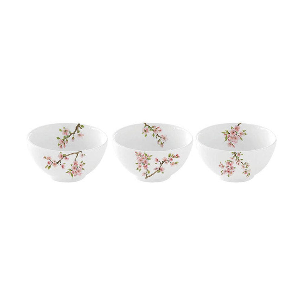 Virágzó cseresznyefa ággal díszített, minőségi porcelánból készült, 3 darabos tálkaszett díszdobozba csomagolva a "Sakura" kollekcióból