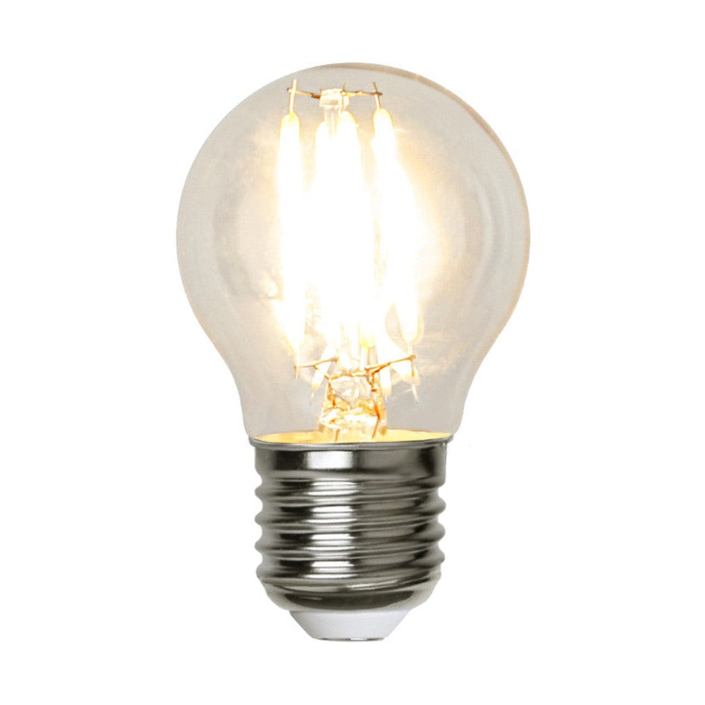 Meleg fehér fényű, kisfeszültségű LED izzó átlátszó üveggel. Színhőmérséklete 2700 K.