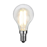 Meleg fehér fényű, kisfeszültségű LED izzó átlátszó üveggel. Színhőmérséklete 2700 K.