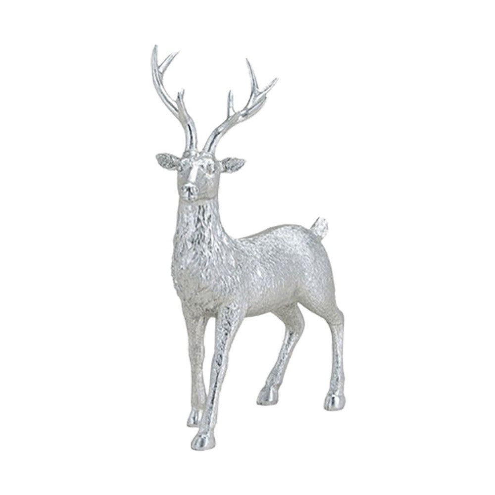 Glamour stílusú, 28 cm magas, ezüst színű karácsonyi szarvas figura