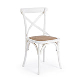 Klasszikus stílusú, fehér színű, szilfából készült étkezőszék rattan ülőfelülettel.