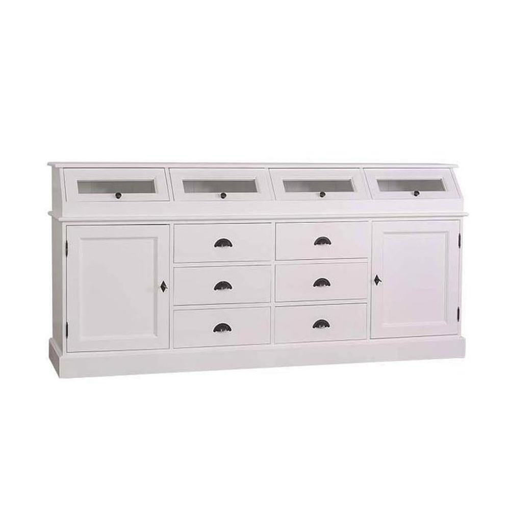 Fehér színű fenyőfa tálalókomód hat fiókkal, két ajtós tárólóval és négy vitrines tárolóval.