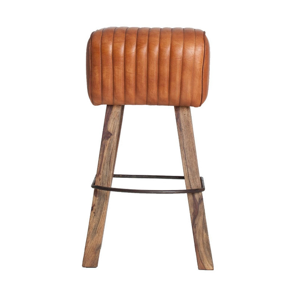 Loft stílusú, fából és valódi bőrből készült 75 cm magas ülőke fém kiegészítővel.