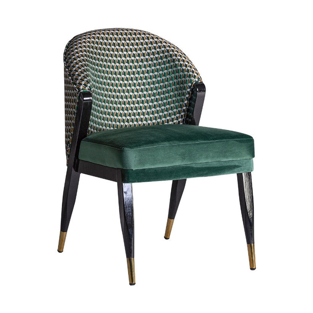 Kortárs stílusú, kaucsukfából készült, formatervezett art deco bársony karosszék. Zöld, okker és ezüstszínű mintás bársonnyal a háttámláján.