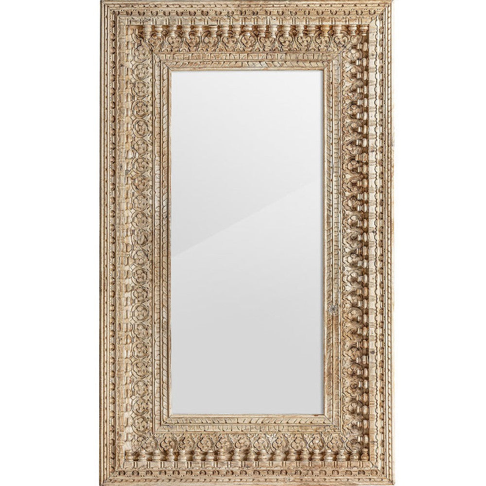 Keleti stílusú, dekoratív faragásokkal díszített falitükör mangófakerettel.