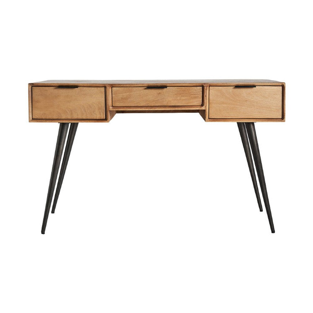 Loft stílusú, mangófából készült íróasztal fekete színű fém lábakon.
