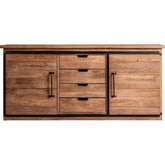 Kortárs, loft stílusú, mangófából készült tálaló fiókokkal és tolóajtós tárolóval.