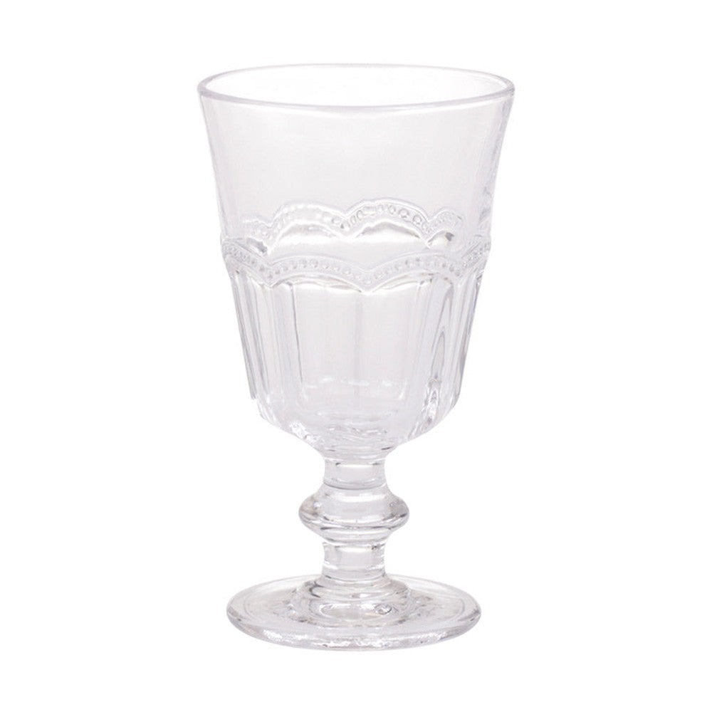 Vintage stílusú, pontozott dombormintával díszített átlátszó üvegű borospohár.