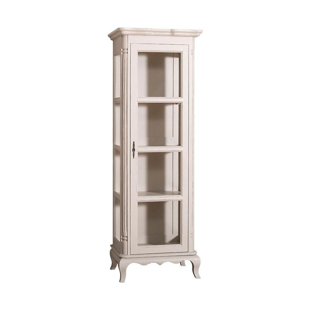 Shabby chic stílusú, antikolt fehér színű vitrin szekrény három polccal.