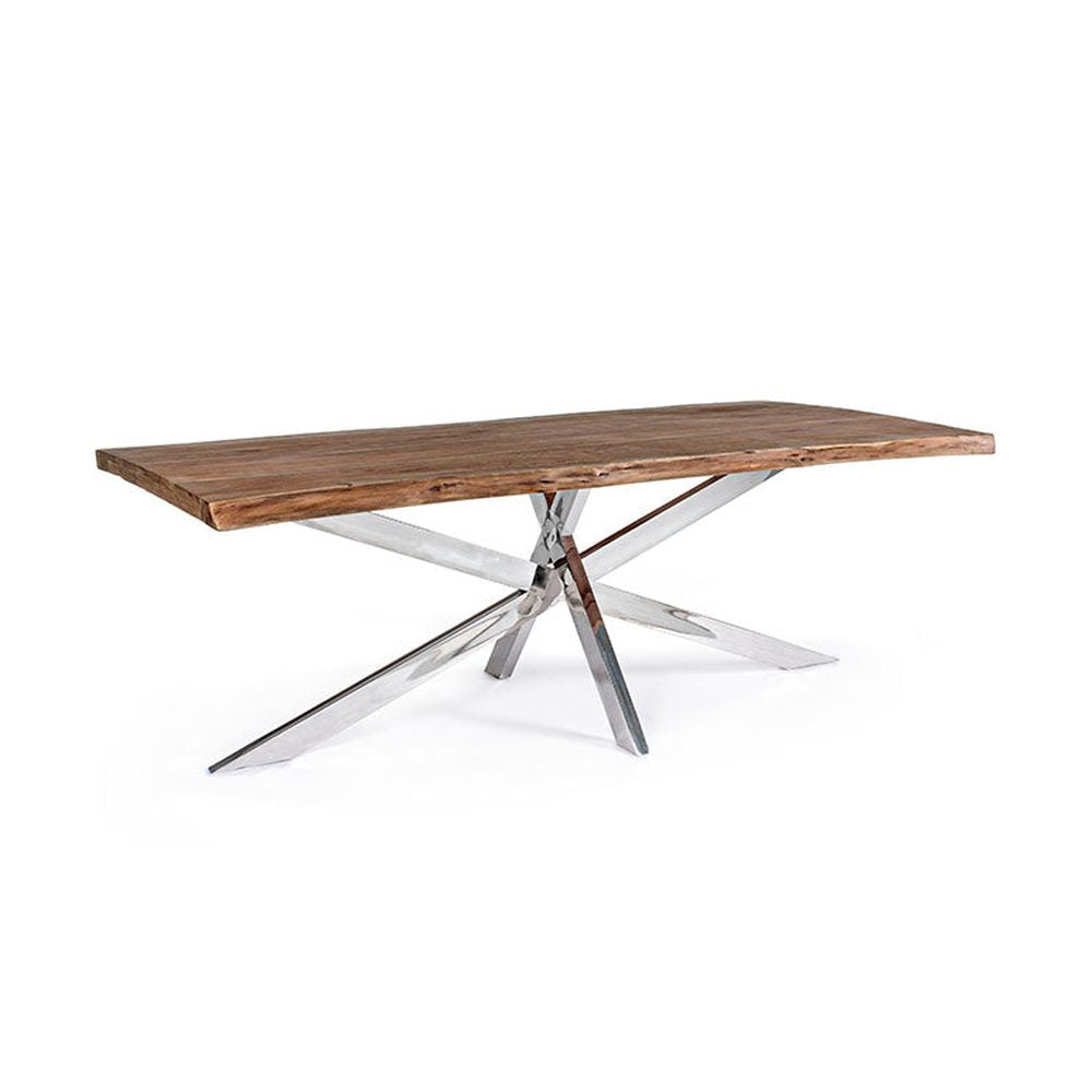 Kortárs stílusú akácfa étkezőasztal rozsdamentes acélból készült lábakkal.