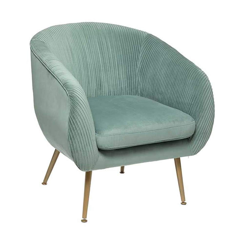 Art Deco stílusú, jáde zöld színű bársonnyal kárpitozott fotel, arany színű fém lábakkal