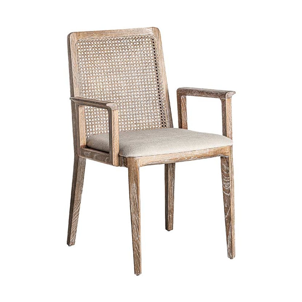 Art Deco stílusjegyeket mutató, kőrisfából és rattanból készült kortárs karosszék, bézs színű vászonnal kárpitozott ülőfelülettel.