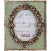 Vintage stílusú, virág kerettel díszített, antik zöld színű fa asztali fényképtartó