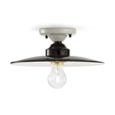 Vidéki stílusú, fekete színű mázas fémből és fehér színű mázas kerámiából készült, kézműves mennyezeti lámpa.