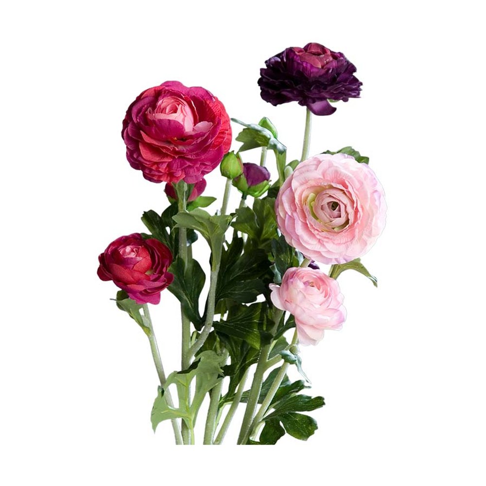 Fukszia, pink és lila színű, 3 különálló szálból álló mű boglárka mix, nyílt és bimbos virágfejekkel.