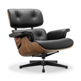 Eames Lounge Chair inspirálta pihenő fotel és ottomán rózsafa furnér fafelülettel, fekete bőr kárpittal.