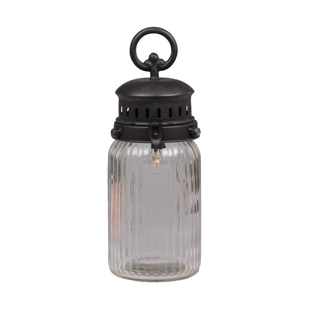 Vidéki, Country, Vintage stílusú barázdált üvegű dekor fémlámpa időzíthető LED izzóval