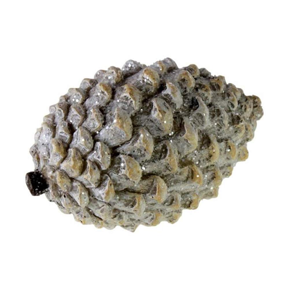 Deres, glitteres felületű, 8,7 cm hosszú, fehér színű karácsonyi toboz dísz.