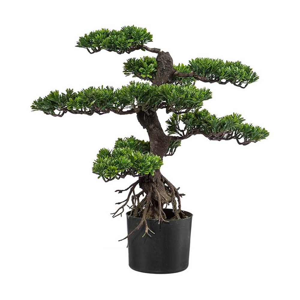 Mesterséges bonsai fa, fekete színű műanyag cserépben.