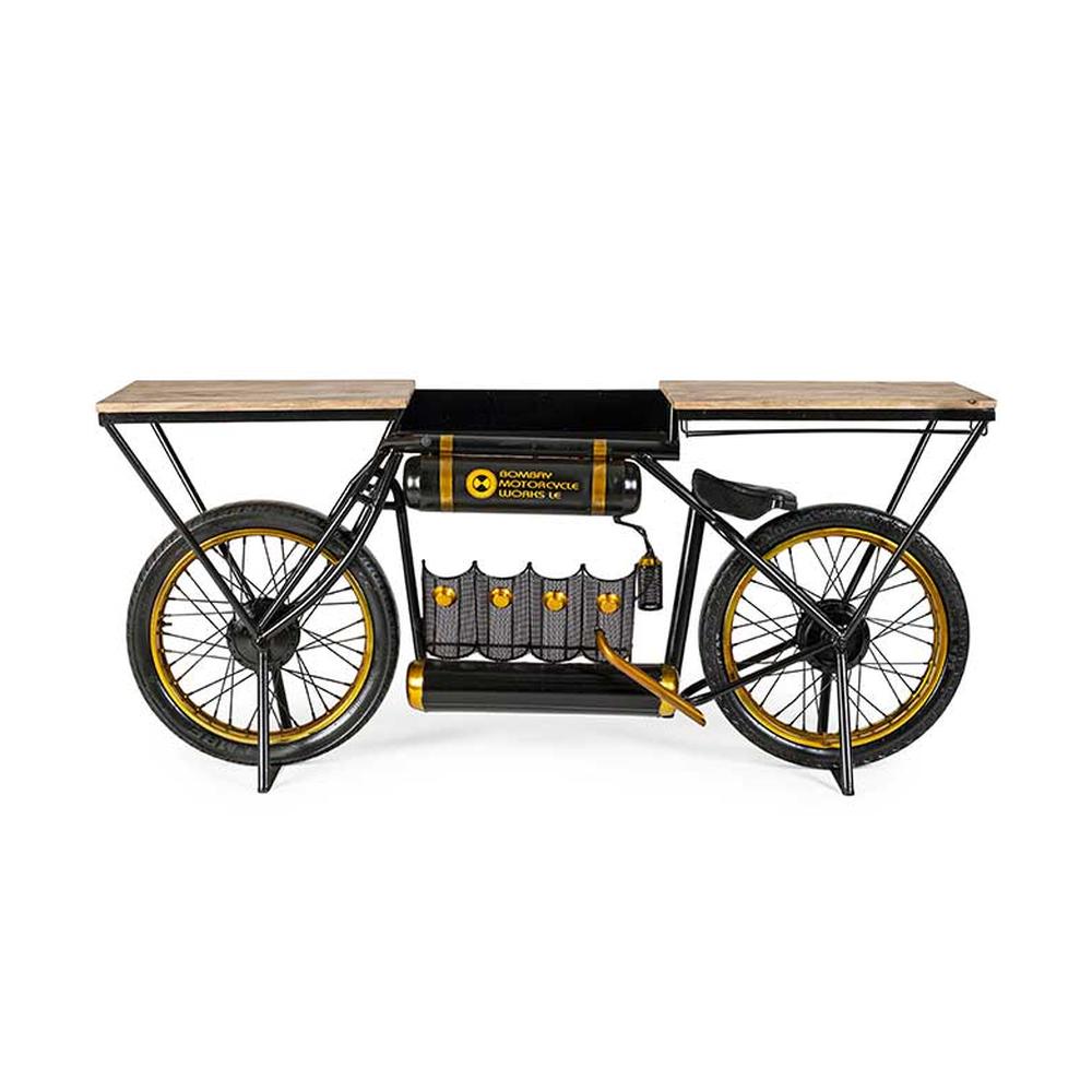 Korabeli versenymotor formájú, fa fedlapos antikolt fekete fém bortartós bárpult oldalnézete.