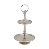 Kerek formájú, ezüst színű, 2 szintes fém kínáló állvány