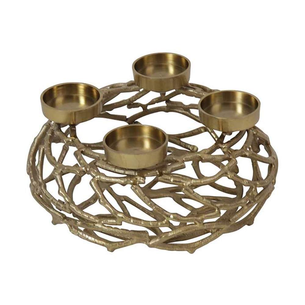 Modern, glamour stílusú, 27 cm átmérőjű, alumíniumból készült, aranyszínű adventi gyertyatartó koszorú