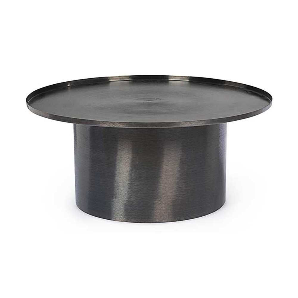 Modern, kortárs stílusú, fekete színű, nikkelezett acélból készült, kör alakú dohányzóasztal.