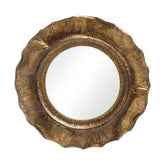 Szecessziós stílusú, antikolt felületű, óarany színű, kör alakú, kézműves fém falitükör