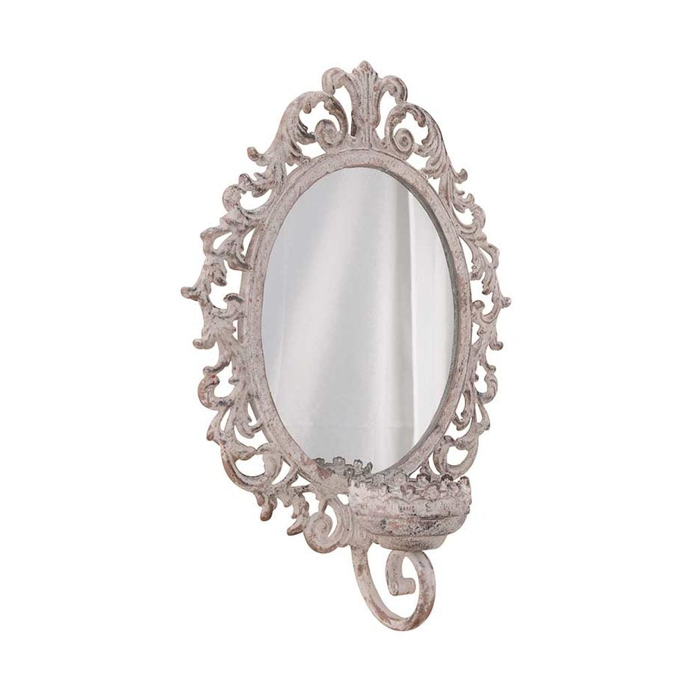 Vintage stílusú, antikolt fém falitükör gyertyatartóval