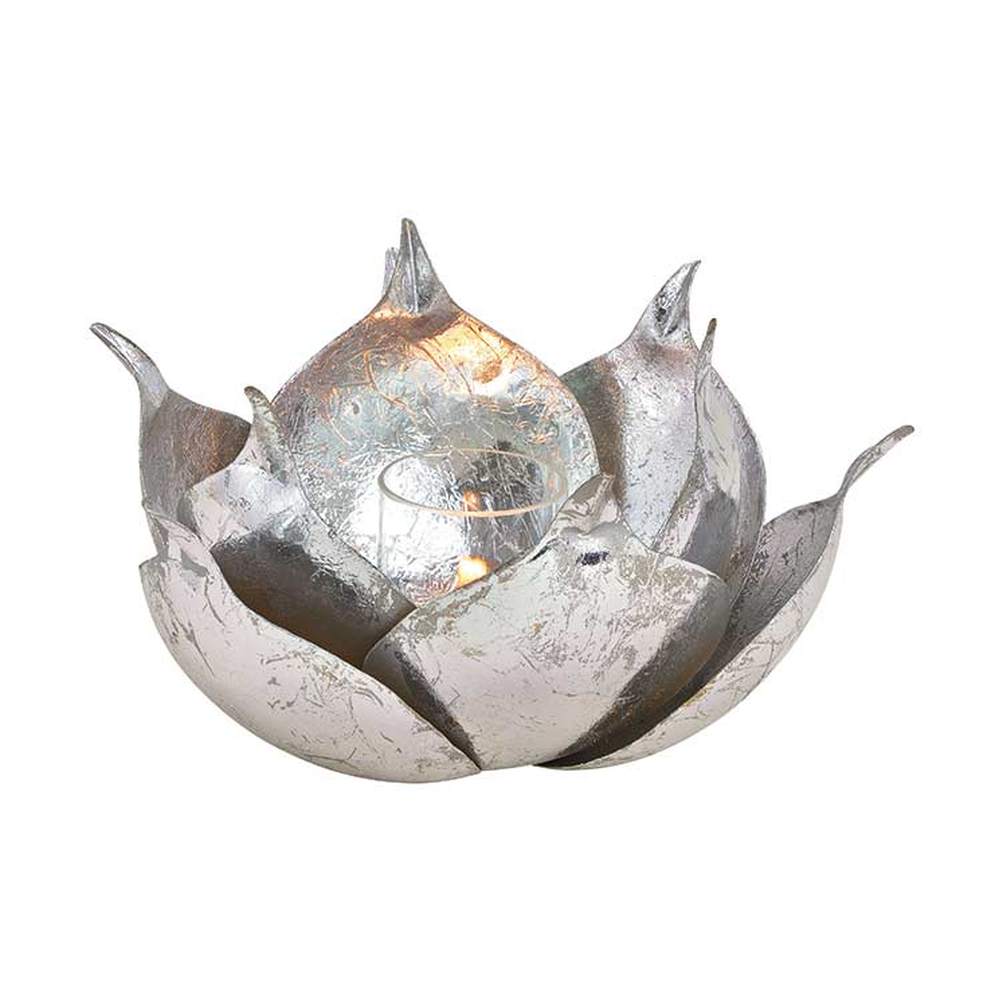 Oriental stílusú, lótuszvirág formájú, nagyméretű fém mécsestartó üvegbetéttel