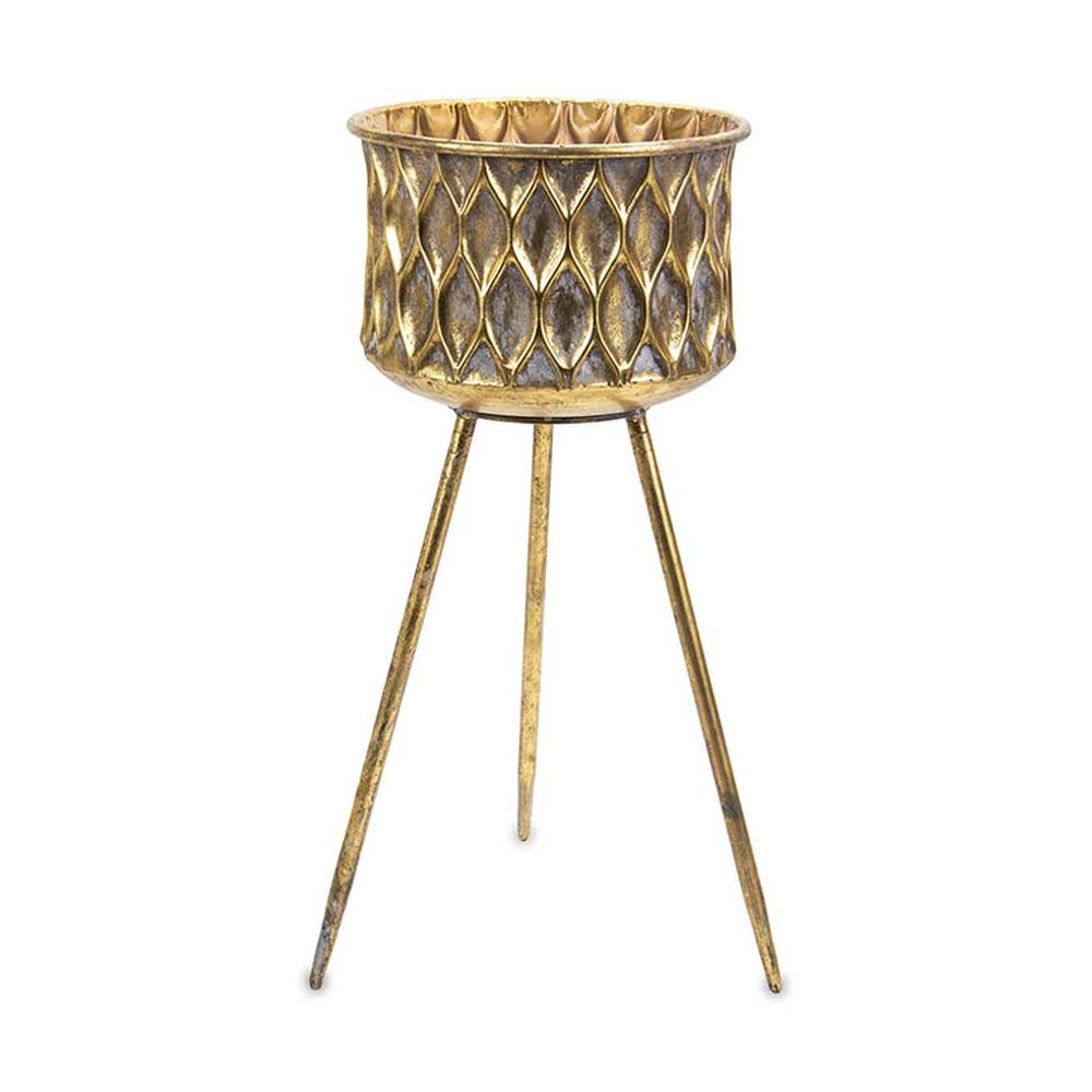 Kortárs, modern stílusú, antik arany színű, 30 cm átmérőjű és 66 cm magas, dombormintával díszített fém virágtartó.