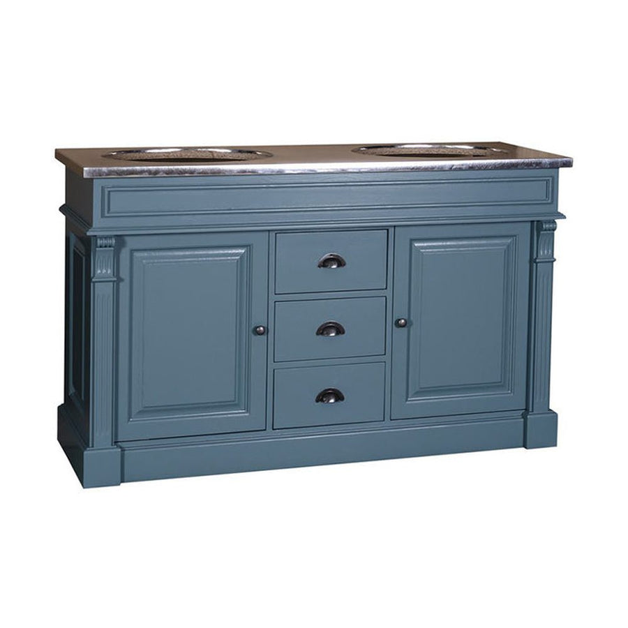 Fenyőfából készült mosdószekrény horganyzott fémmel borított fedlappal, 3 darab fiókkal és 2 darab polccal