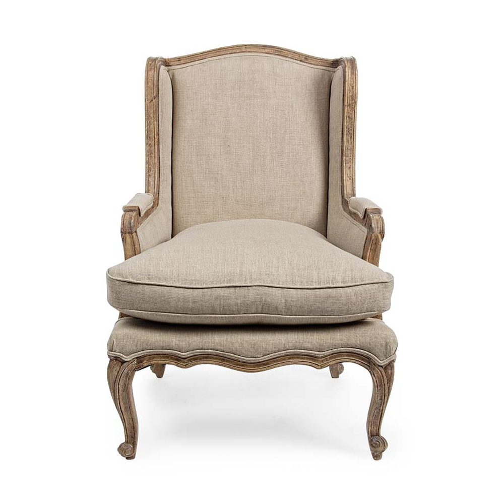 Provanszi stílusú, mangófából készült, natúrszínű kárpitú kézműves fotel.